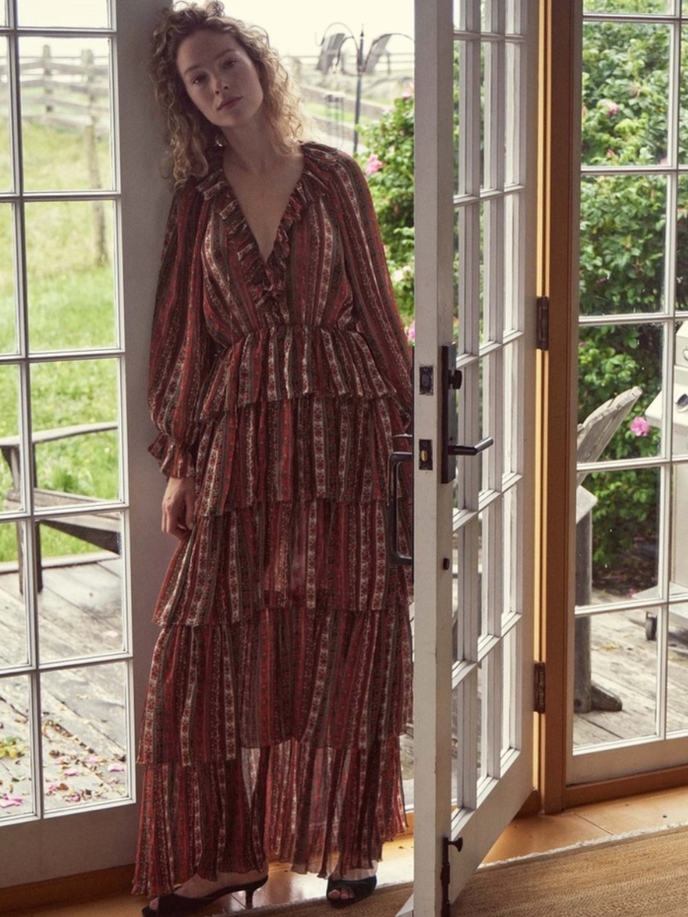 DÔEN Marlanna Tiered Maxi Dress in Rust Stripe